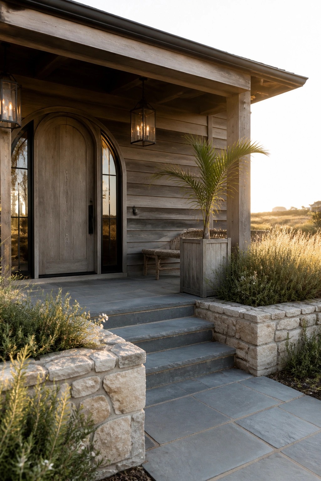 A rustic wooden house with a large arched front door, covered porch, stone steps, and potted plants beside the entry.