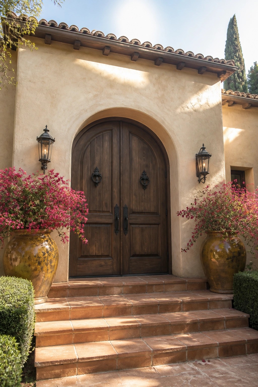 A large wooden double door with an arched top sits centered under a stucco arch, flanked by two large ceramic pots with pink flowers and wall-mounted lanterns on either side.