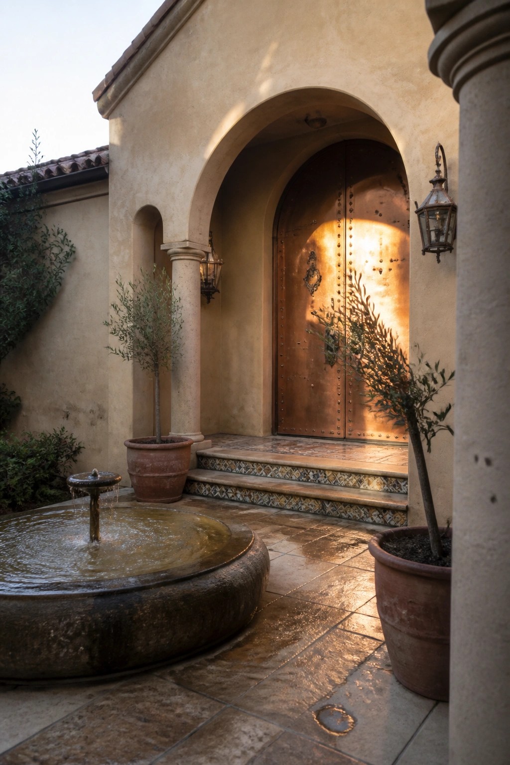 A stucco house exterior with a large arched entry featuring double copper doors, tiled steps, a stone fountain, and potted trees on either side.