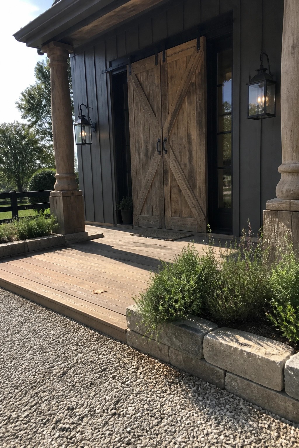 Rustic wooden barn doors on gray house porch with stone columns and lanterns.
