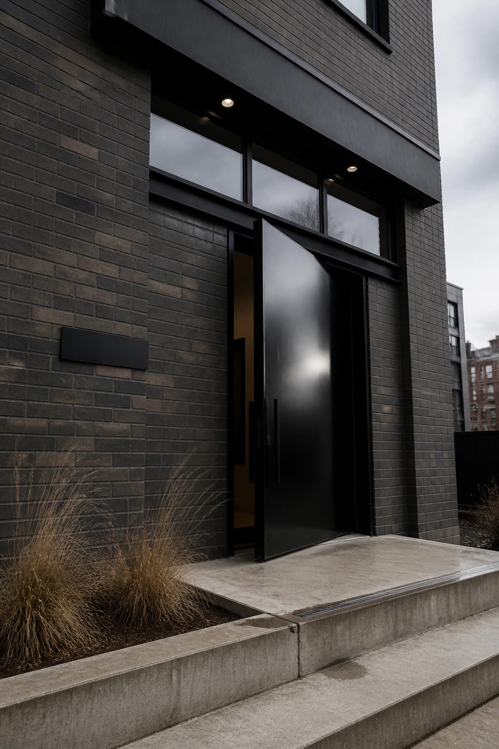 A large black pivot door stands open on a dark brick house with concrete steps and tall windows above the entrance.