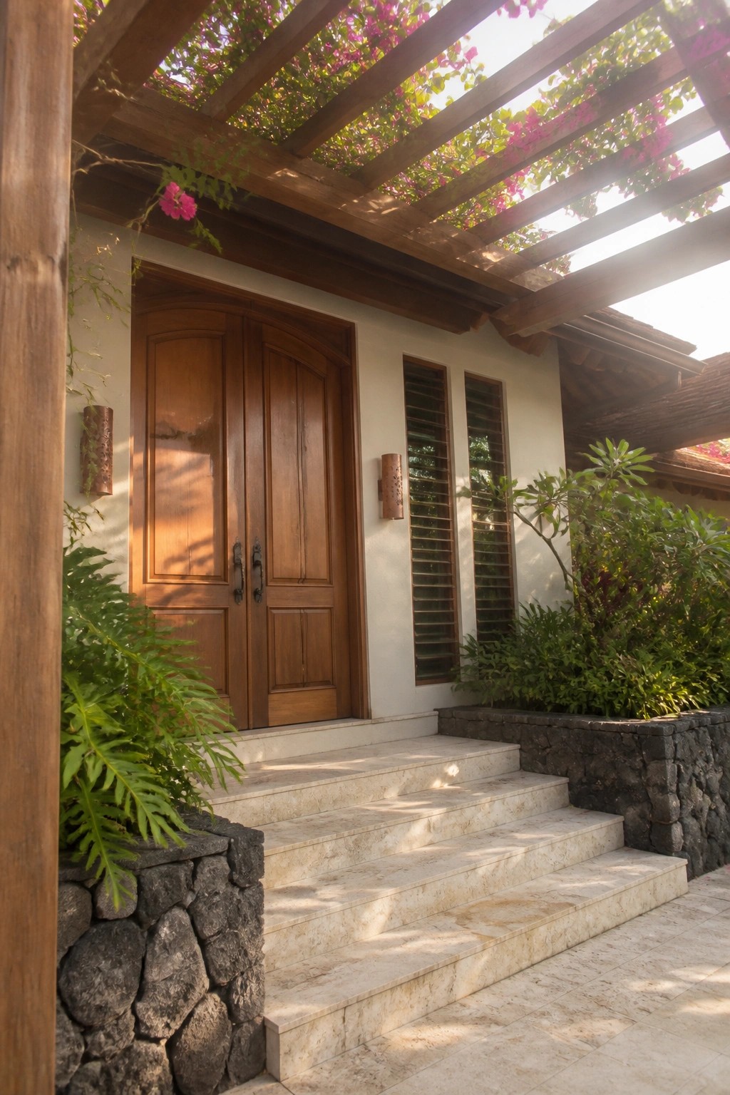 A pair of large wooden double doors under a wooden pergola covered in pink flowers, with stone steps leading up to the entry.