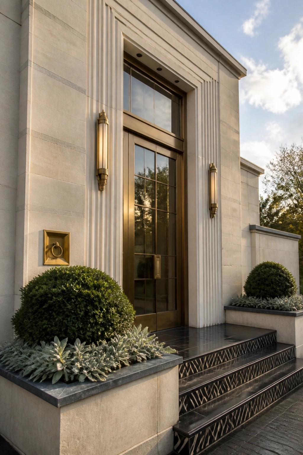 Elegant stone entrance with bronze double doors, black patterned steps, and lush greenery.