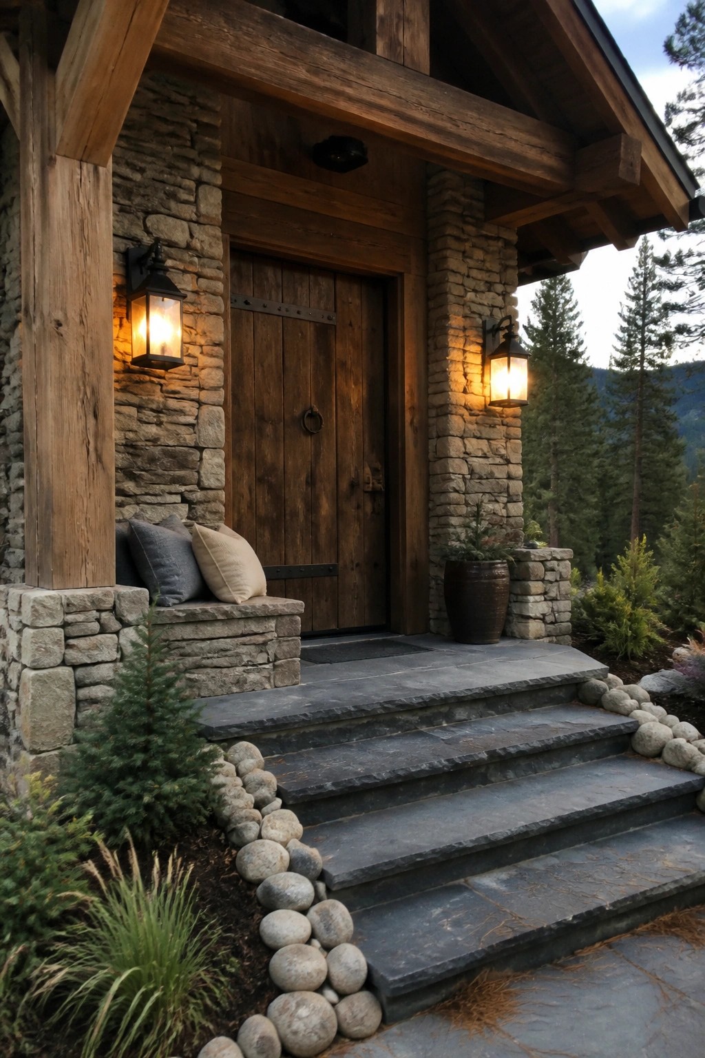A large wooden front door with metal straps sits between stone pillars under heavy timber beams, with stone steps leading up and two lit lanterns mounted on the walls.