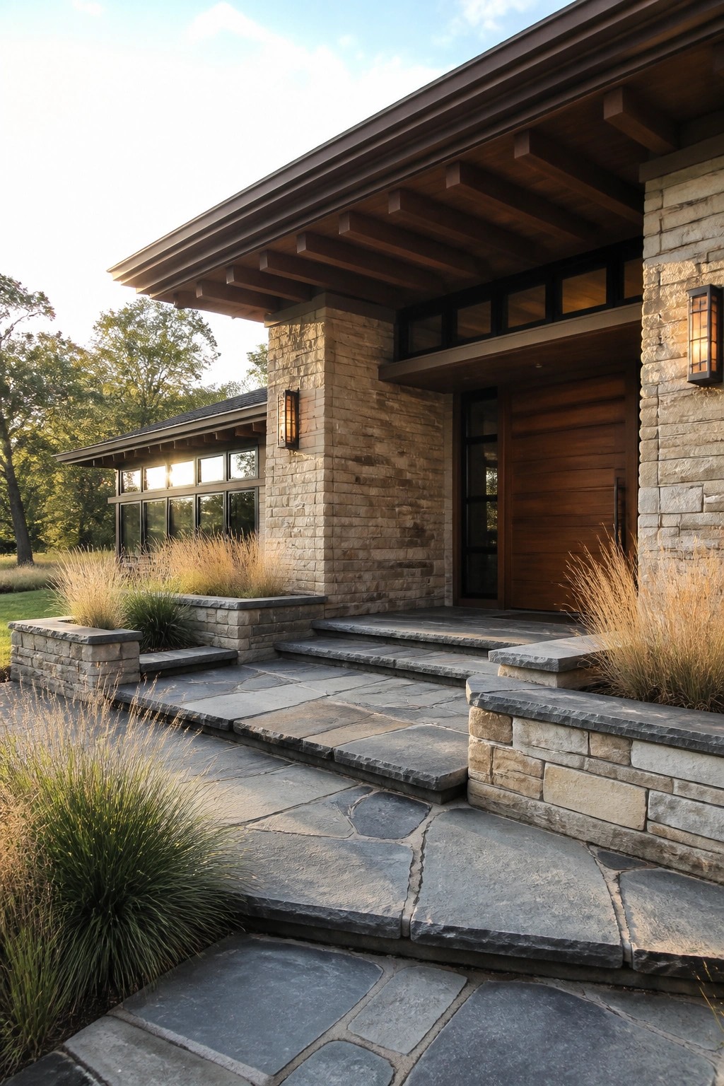 A large wooden front door set into a stone facade with wide steps leading up and wall-mounted lanterns on either side.