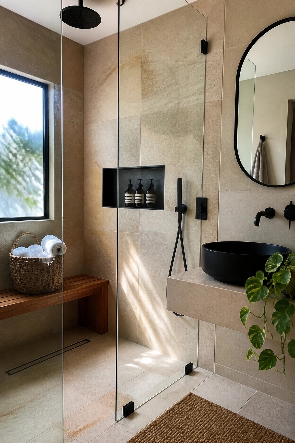 A modern walk-in shower with beige stone tiles, black fixtures, a recessed niche holding three bottles, a black vessel sink on a floating counter, and a woven basket on a wooden bench.