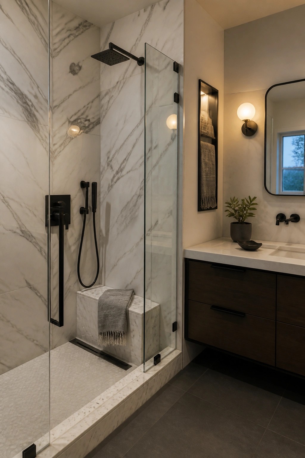 A bathroom shower enclosed in glass with white marble walls and floor, black matte fixtures including a square rain head and handheld, a built-in marble bench with gray towel, and an adjacent dark wood vanity with white countertop.