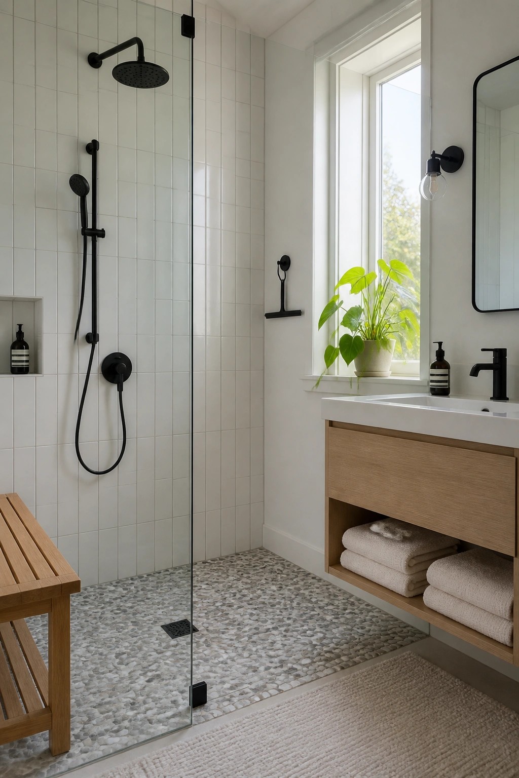A bathroom shower area with white subway tile walls, black shower fixtures, a pebble floor, and a wooden bench.
