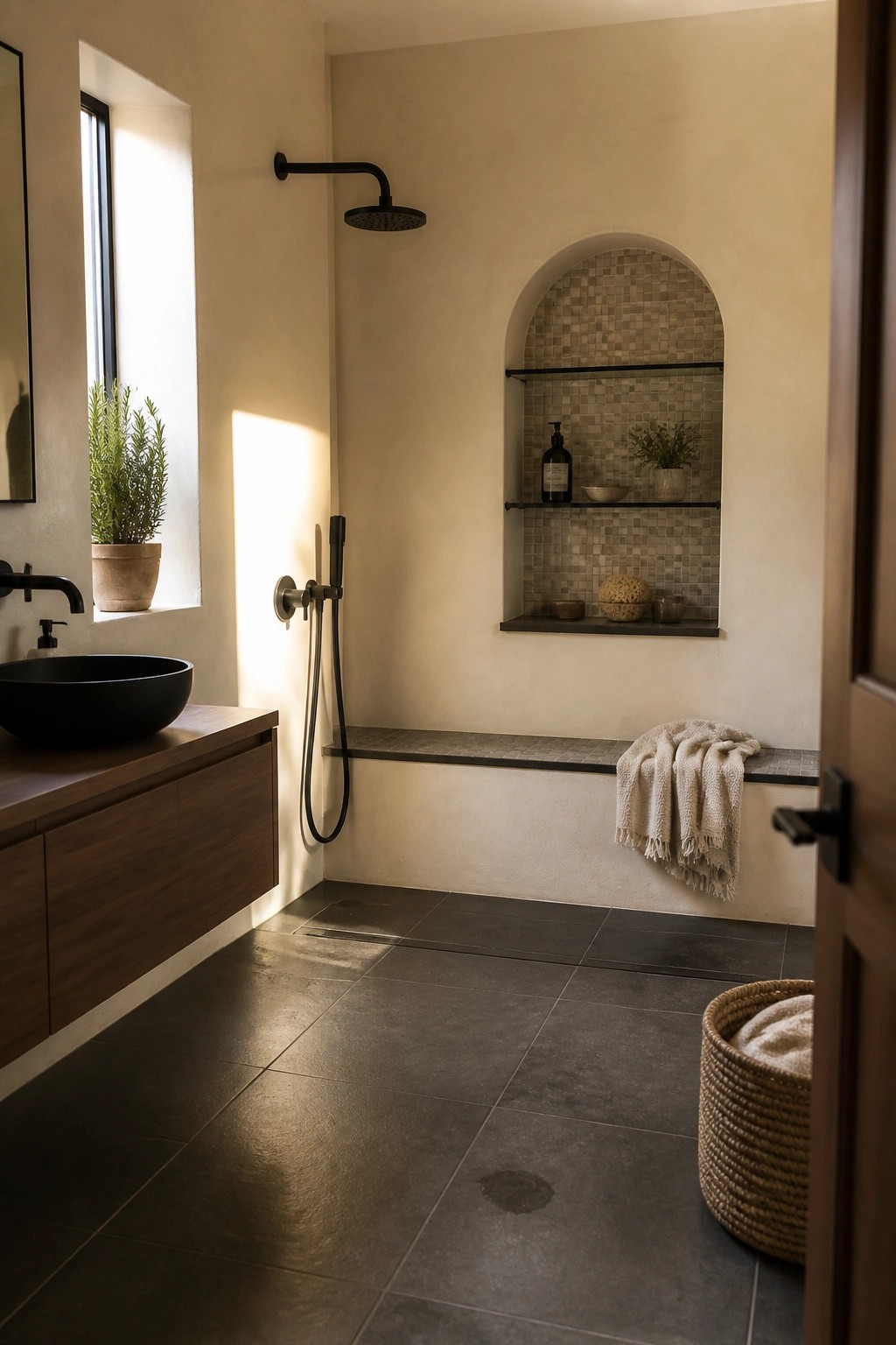 A modern bathroom shower with black rain head and handheld fixtures, a long built-in bench, and an arched tiled niche on a light beige wall.