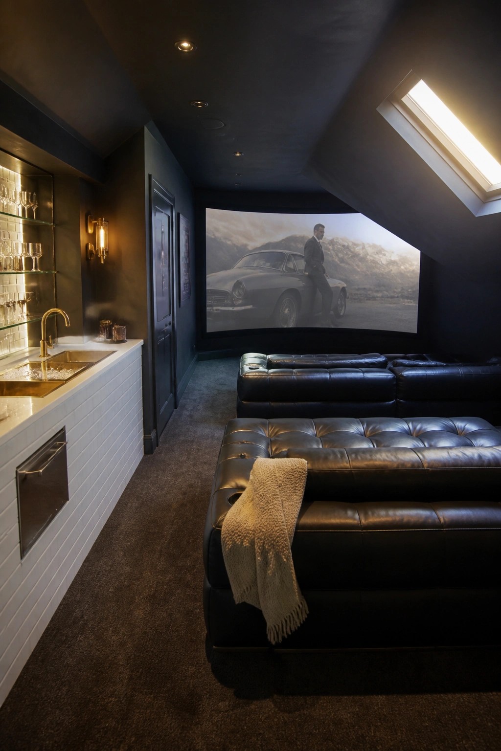A home cinema room with black leather seating facing a large screen, and a white tiled bar area with a sink and glass shelves along the left wall.