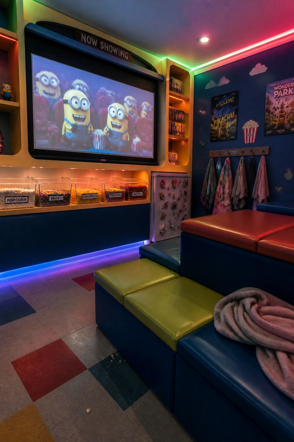A home cinema room with a large screen showing a Minions movie, a built-in wall of candy and popcorn dispensers below it, colorful tiered seating, and movie posters on the blue wall.