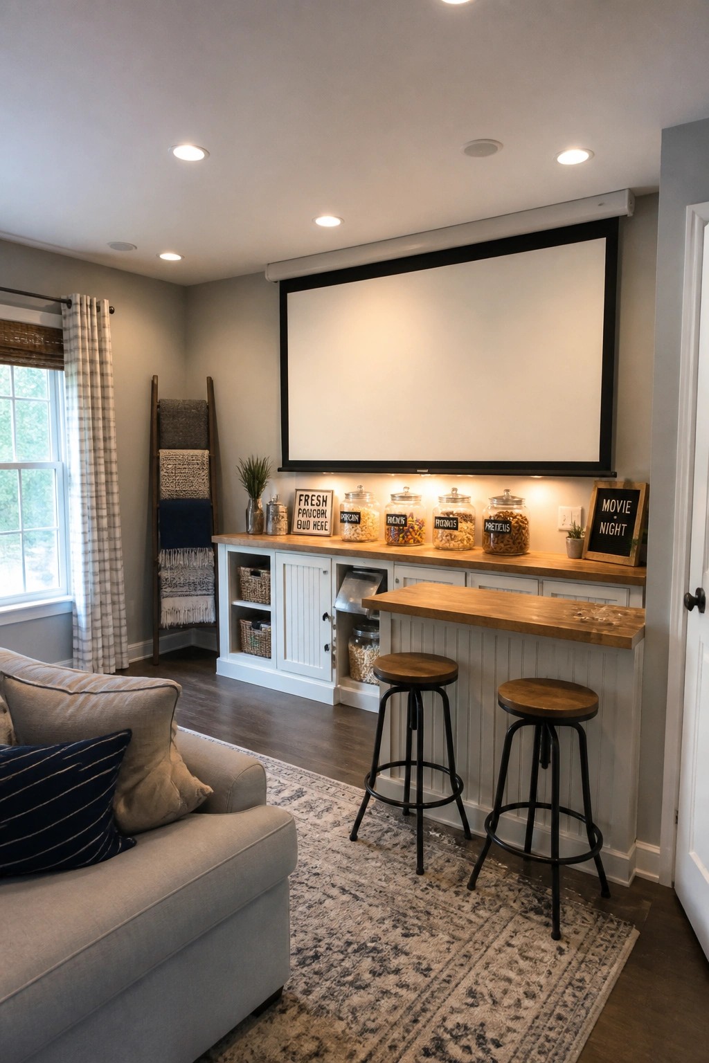 A home cinema room showing a large projector screen above a white built-in cabinet topped with a wooden counter, two stools, and glass jars of snacks along the surface.