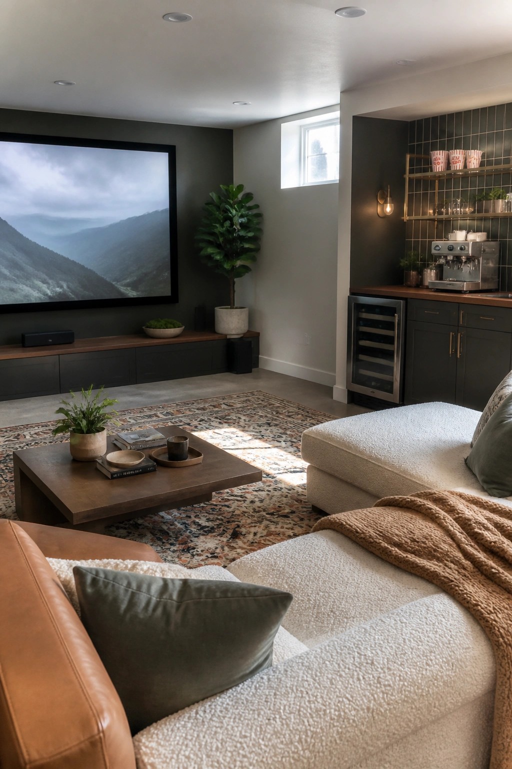 Modern living room with white bouclé sofa, wooden coffee table, large TV, and bar area.