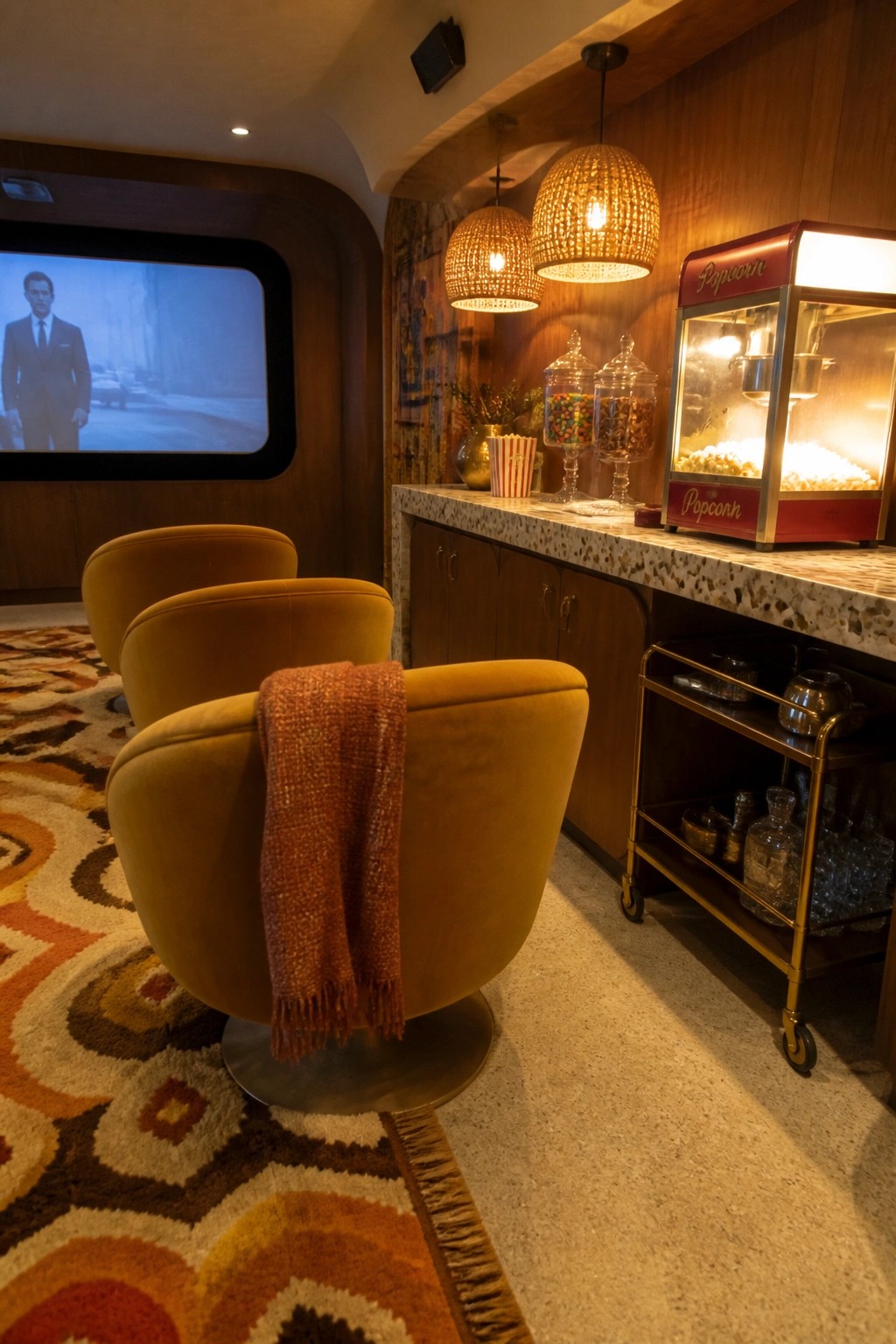 A home cinema interior with three mustard yellow swivel chairs on a patterned rug, a large projection screen showing a man in a suit, and a terrazzo counter holding a red popcorn machine and glass candy jars.