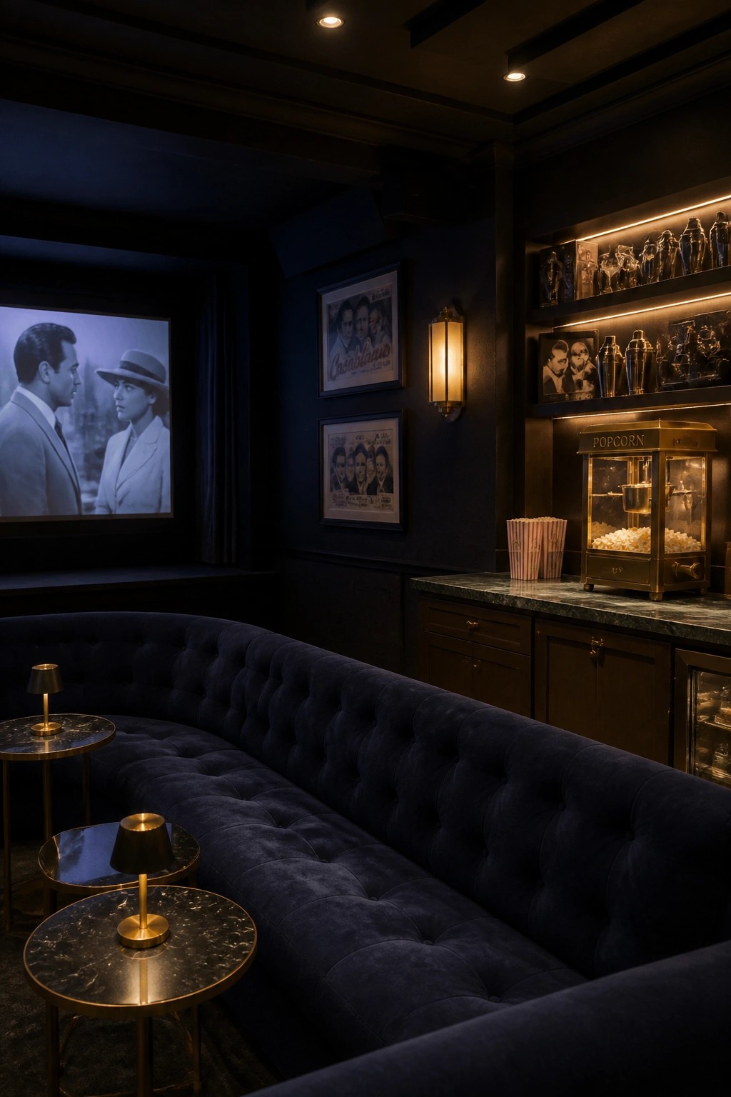 A dimly lit home cinema with a large curved dark blue tufted sofa facing a projection screen, a built-in concession counter with a gold popcorn machine, and framed movie posters on the wall.