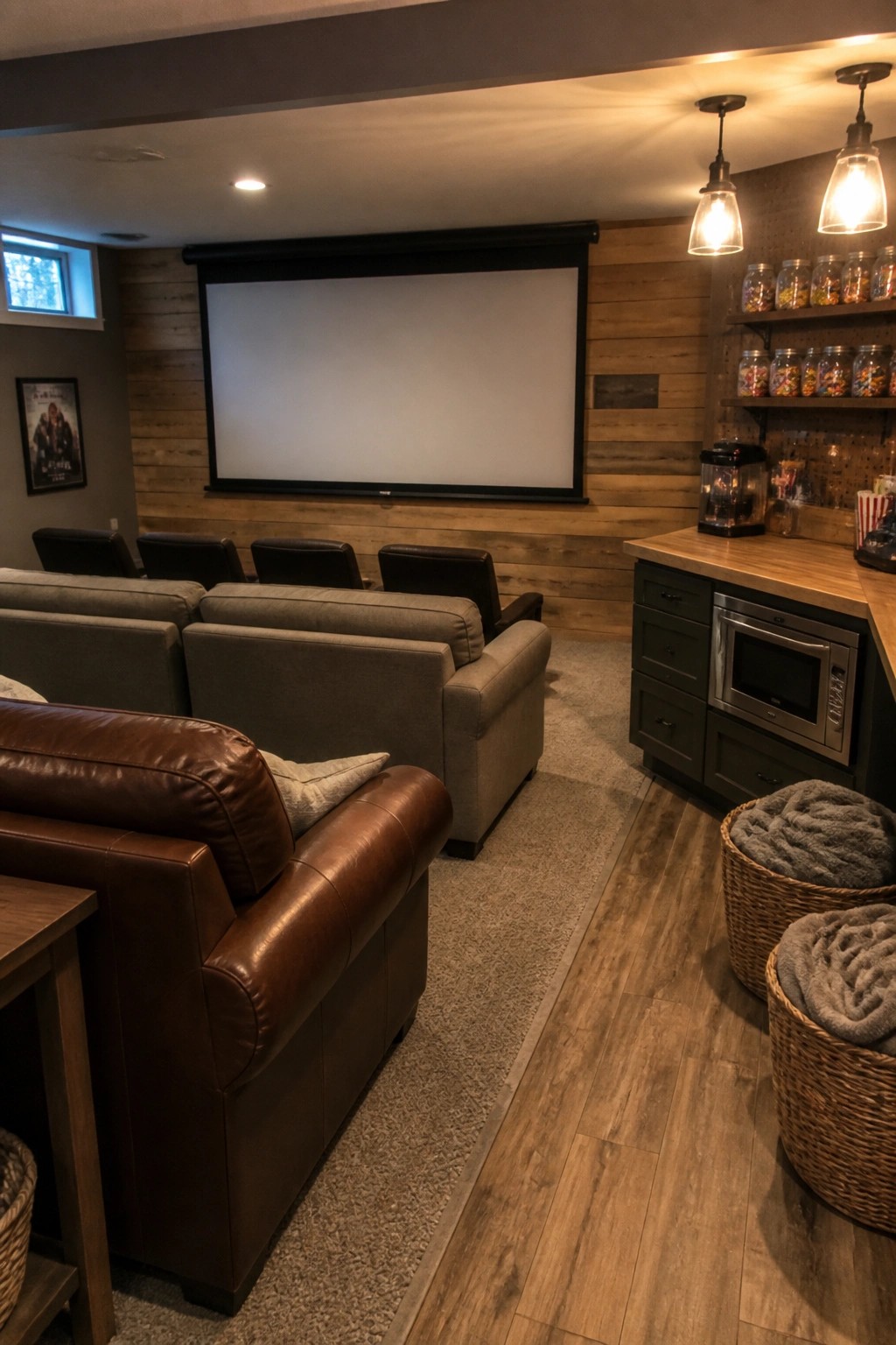 A home cinema room showing gray and brown recliners facing a large screen, with a wooden concession counter that includes a built-in microwave and shelves holding glass candy jars.