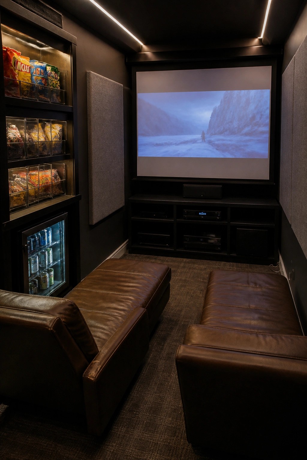 A home cinema room with two brown leather ottomans facing a large projection screen showing a snowy landscape, and a built-in illuminated wall unit on the left containing packaged snacks and a mini fridge.