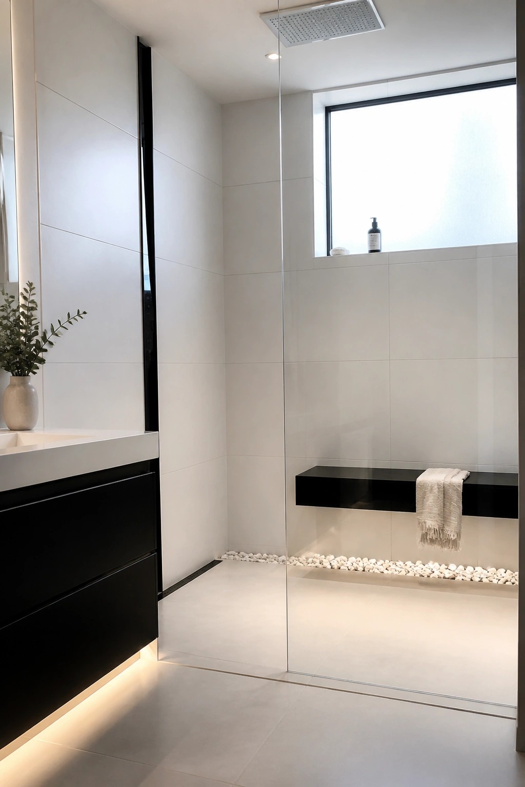 Modern white-tiled shower with glass door, black bench, towel, pebbles, and vanity.