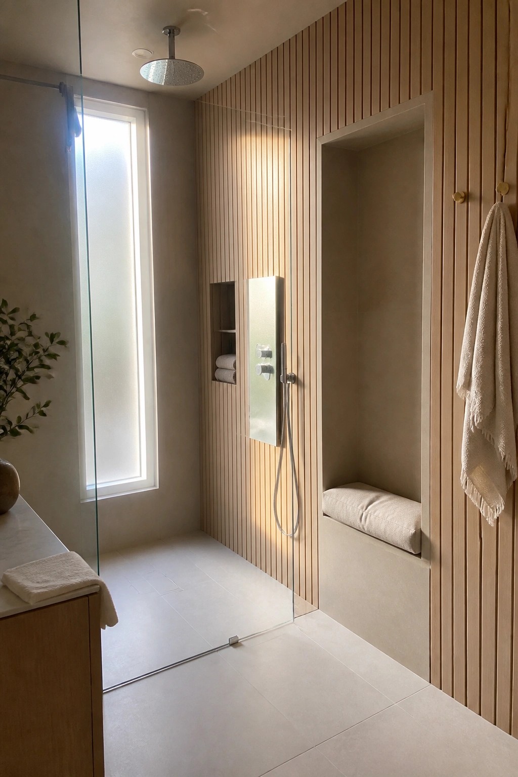 A minimalist shower with vertical wood paneling, a recessed bench with cushion, integrated controls on a frosted panel, and a tall window on the left.