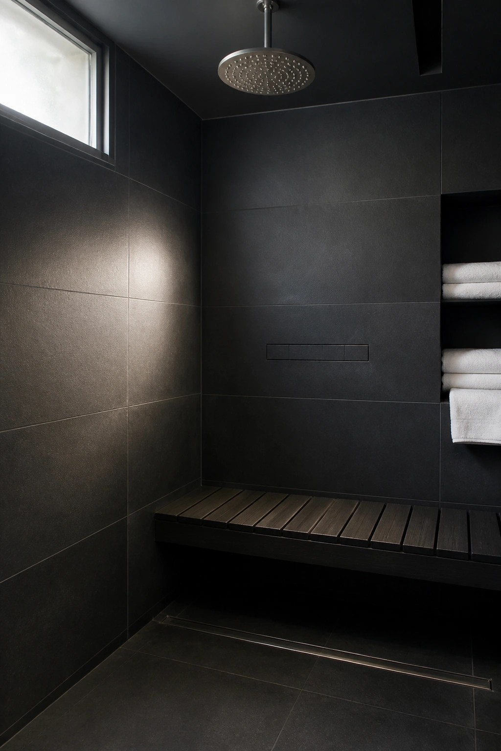 A dark tiled shower room with a built-in wooden bench, rain showerhead, recessed shelves holding white towels, and a small horizontal control panel on the back wall.