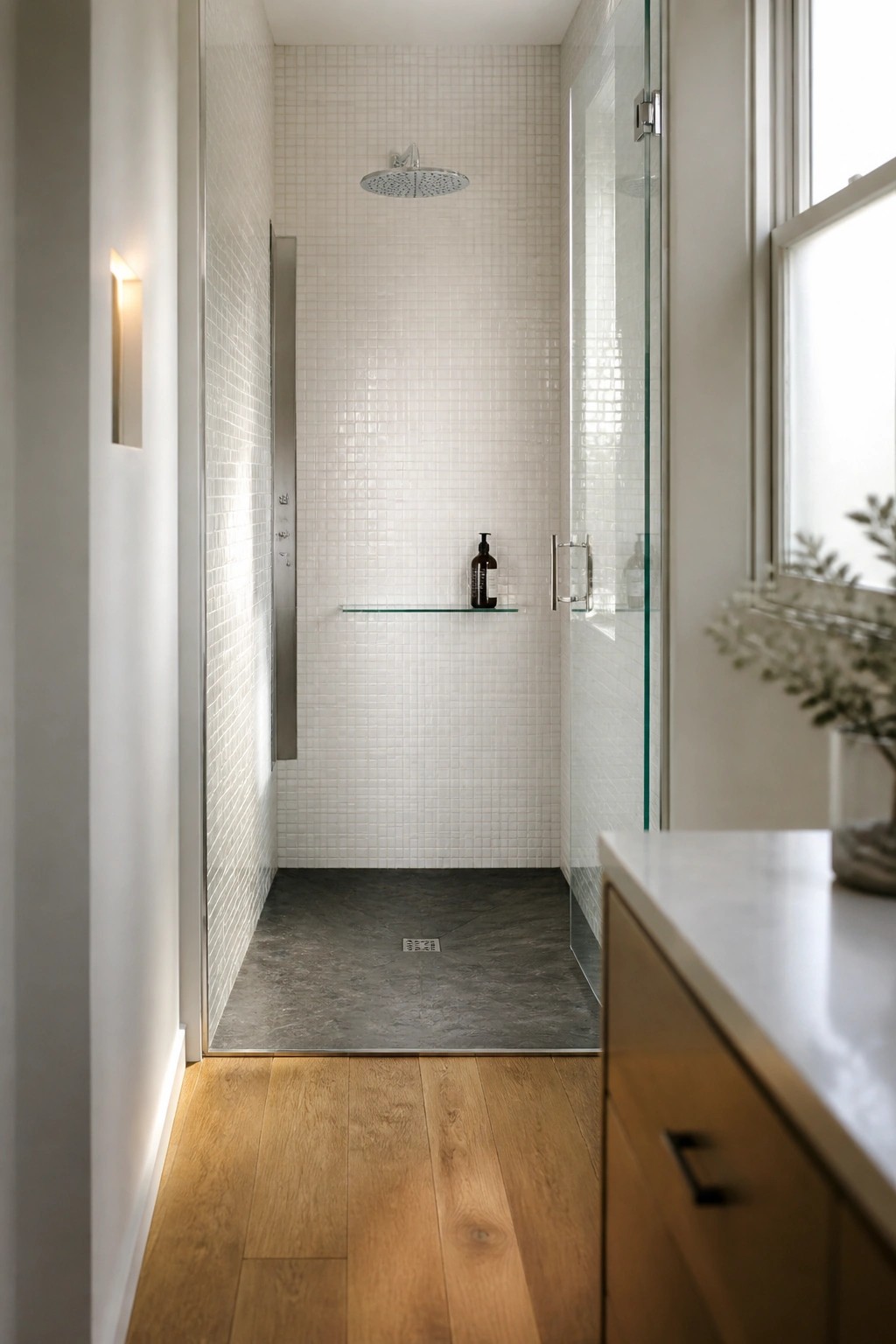 A minimalist walk-in shower with white mosaic tile walls, a rainfall showerhead, and recessed controls set into a narrow vertical panel on the left.