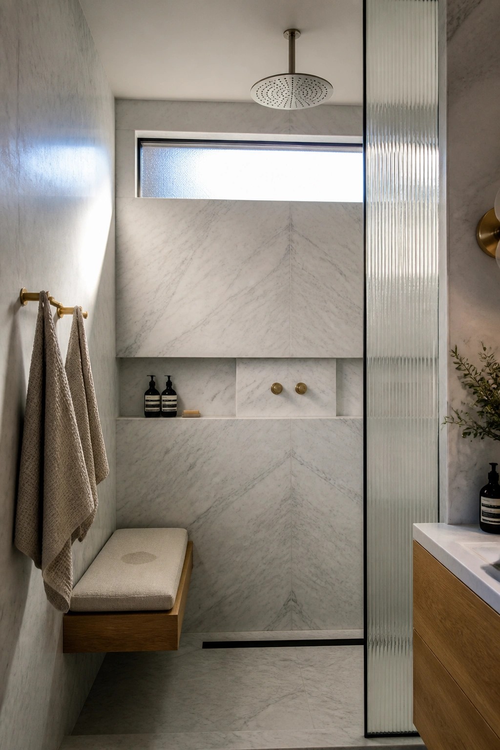 A minimalist marble shower with a built-in bench, recessed gold shower controls, and a ceiling-mounted rain shower head.