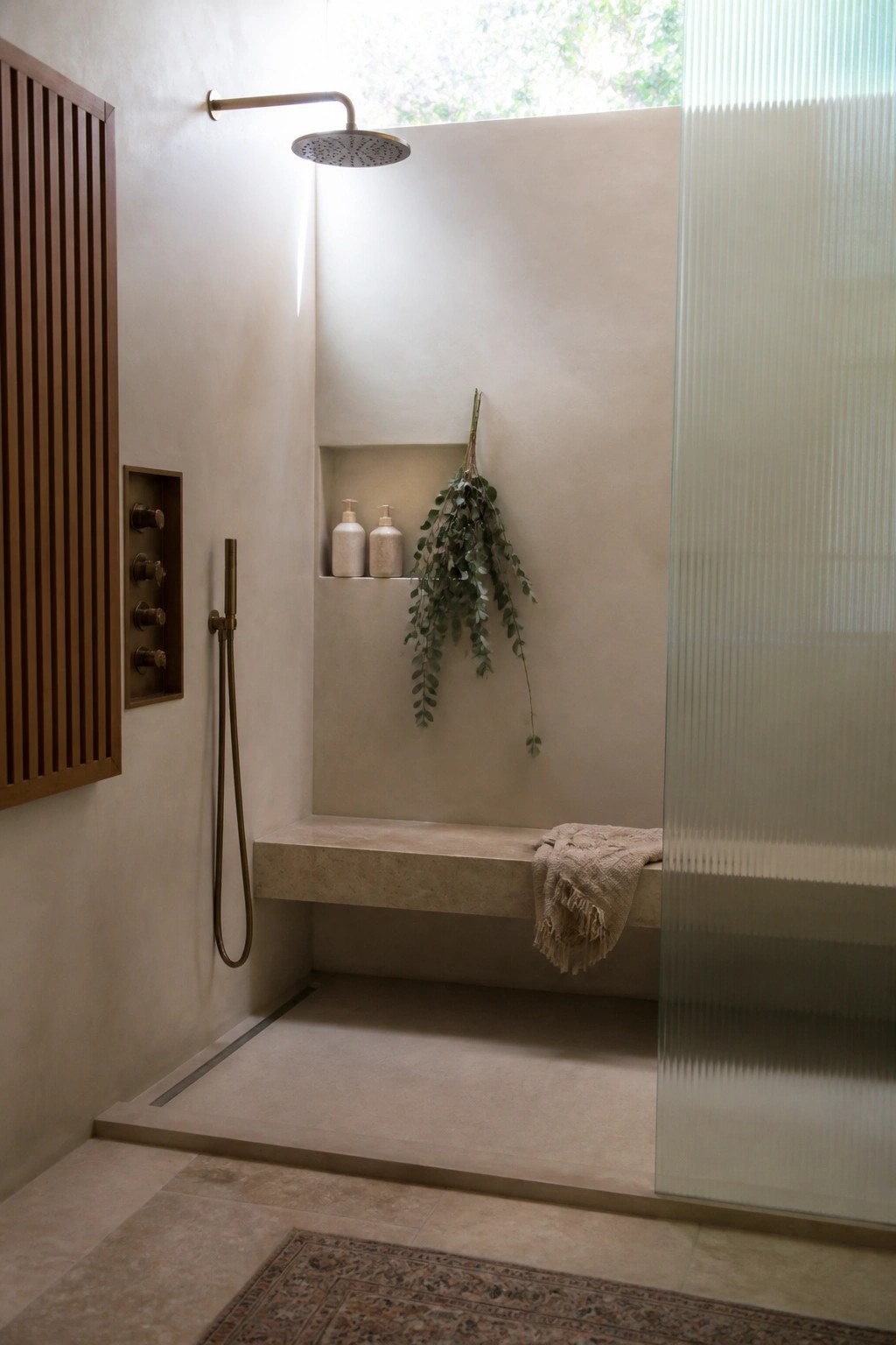 Minimalist beige shower with rainfall head, stone bench, towel, and hanging greenery.