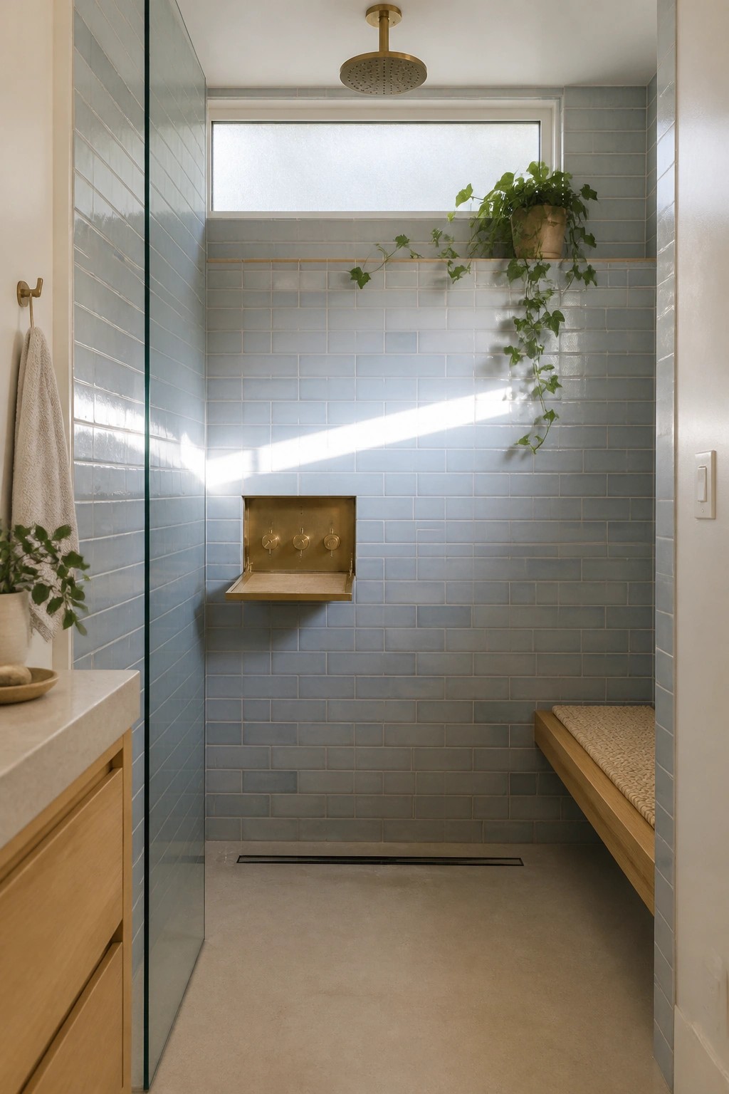 A shower interior with light blue subway tiles, a recessed brass control panel with a drop-down shelf, a wooden bench on the right side, and a window above the tiled wall.