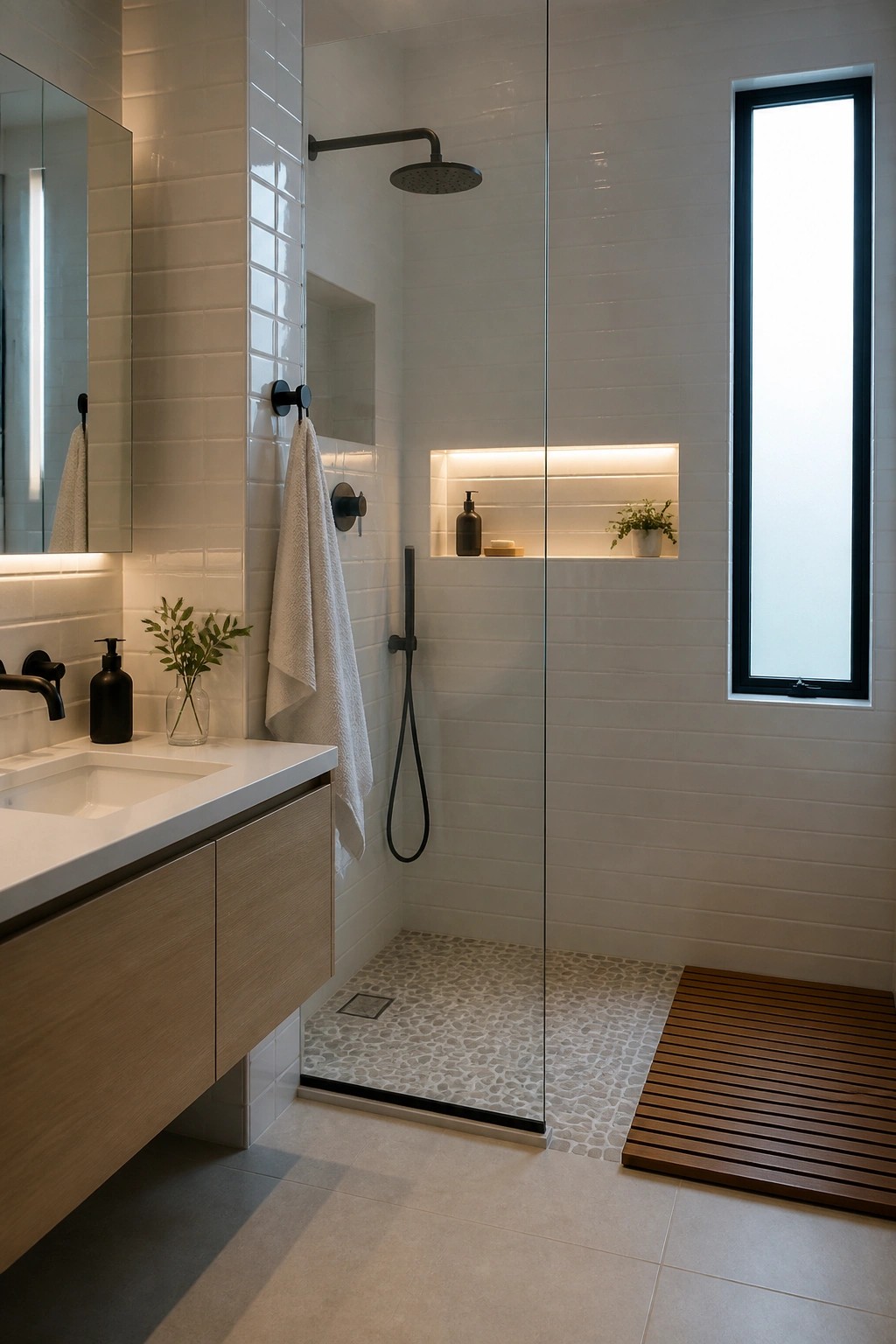 Modern bathroom with glass shower, pebble floor, wood vanity, and white tiles.