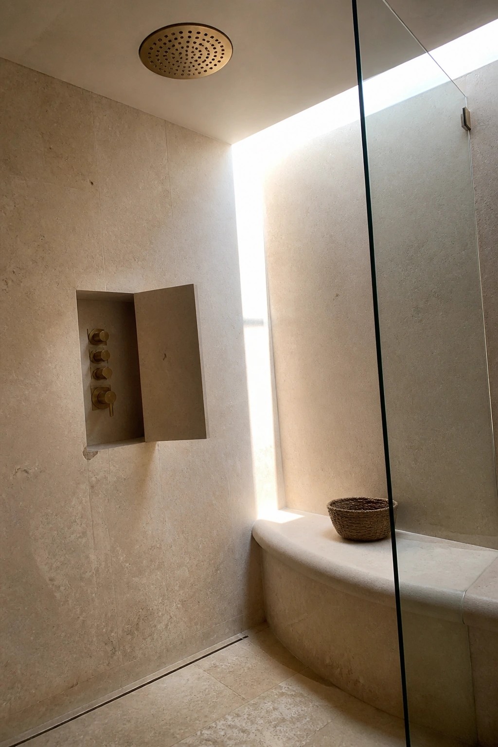 Modern beige stone shower with brass rainfall head, recessed controls, curved bench and basket.