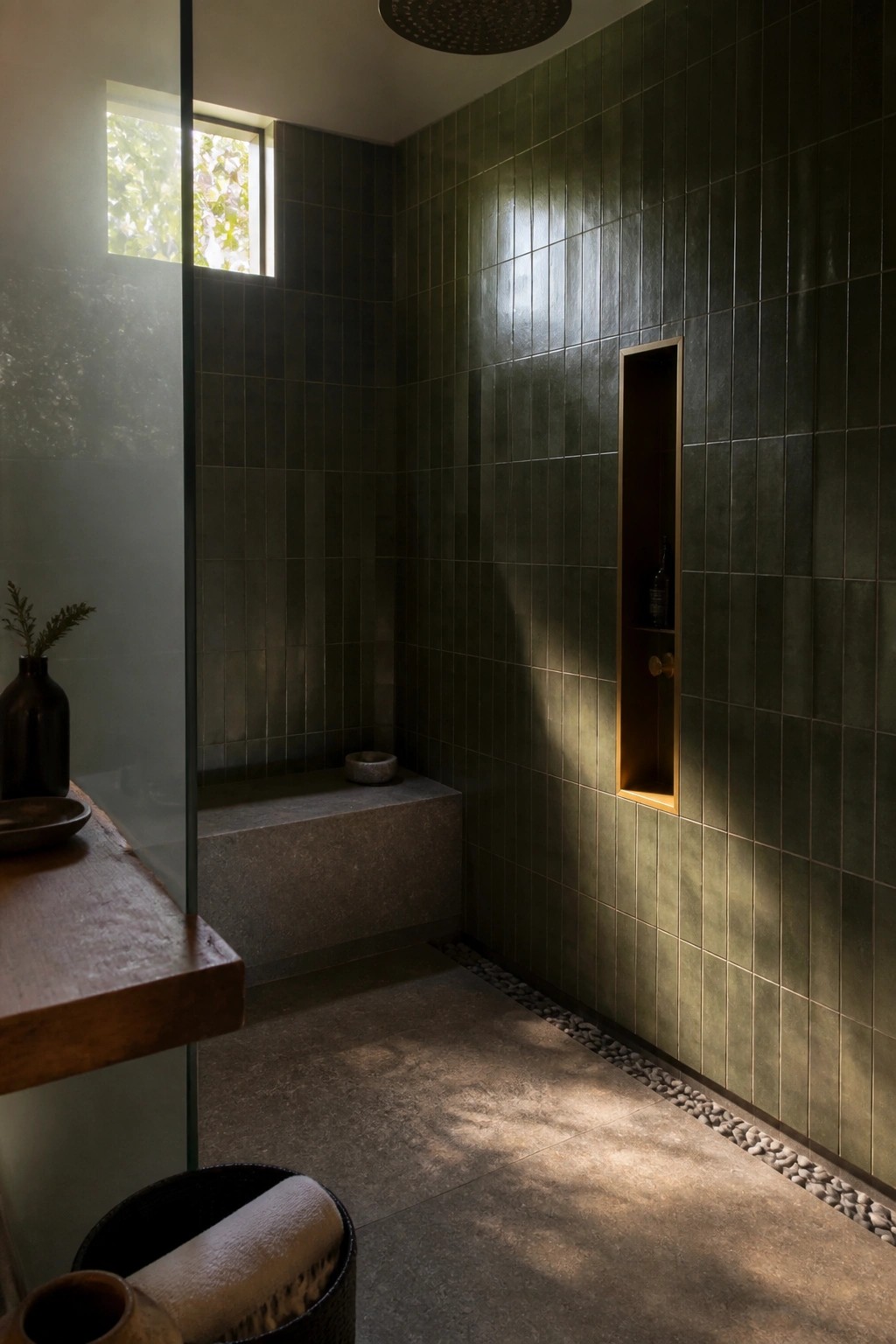 A minimalist shower with dark green tiled walls, a vertical recessed niche holding shower controls, a concrete bench, and natural light from a small window.
