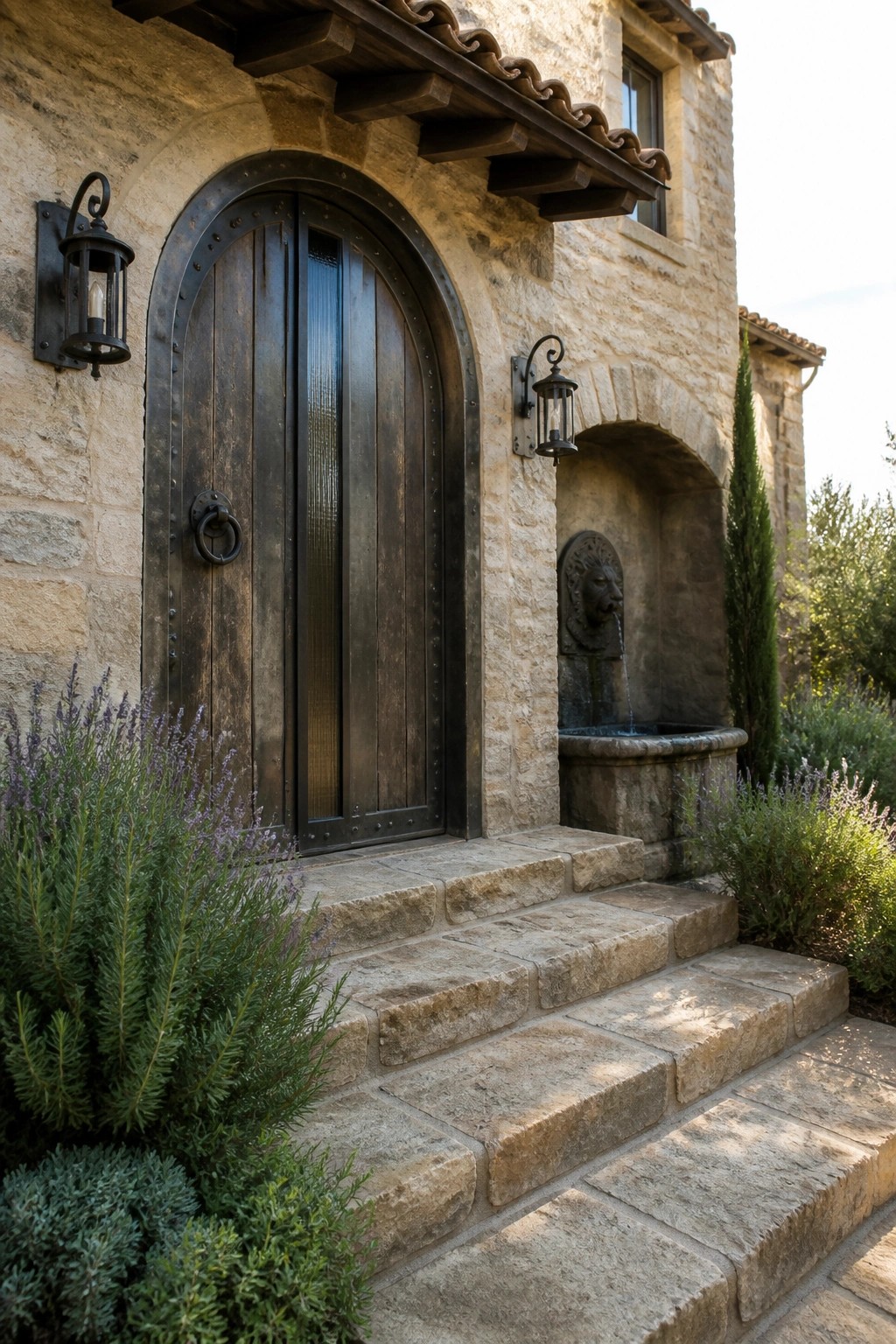 A large arched wooden door with dark metal frame and hardware set into a stone house wall, flanked by two lanterns and leading to stone steps.