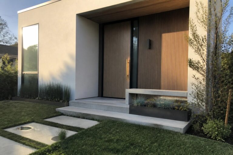 21 Premium Mixed Material Doors Featuring Wood, Glass, and Metal Modern minimalist home entrance with vertical wood door, large window, concrete steps, and rusted planter.