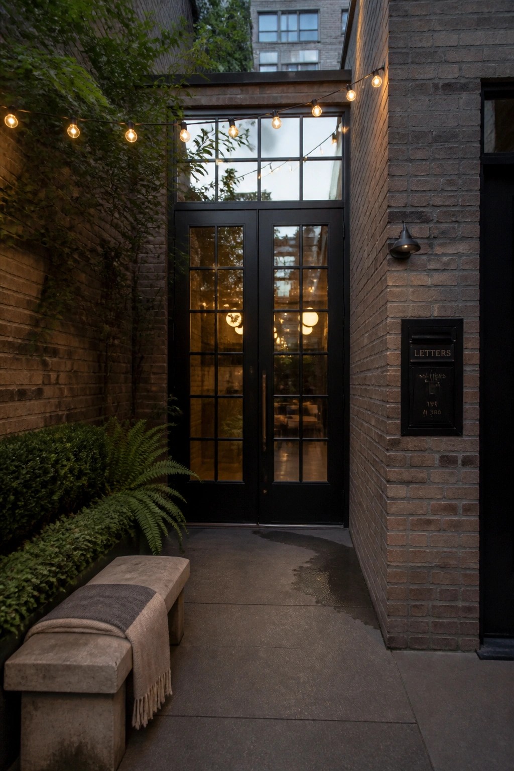 Black double doors with divided glass panes set into a brick wall, flanked by a stone bench with a blanket and string lights overhead in an outdoor entry.