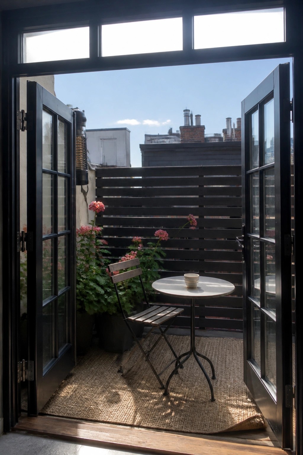 Open black doors reveal balcony with round table, chair, pink flowers, and rug.