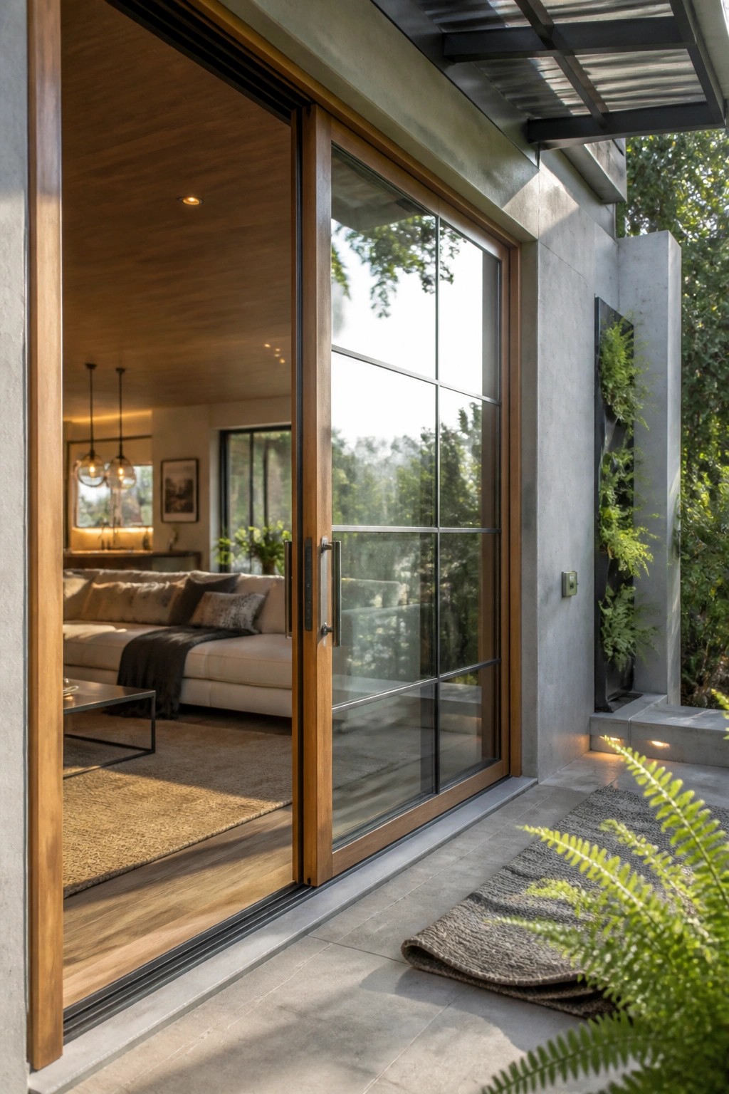 A large wooden-framed glass sliding door with metal handles is open between a living room and a concrete outdoor patio with ferns and a rug.