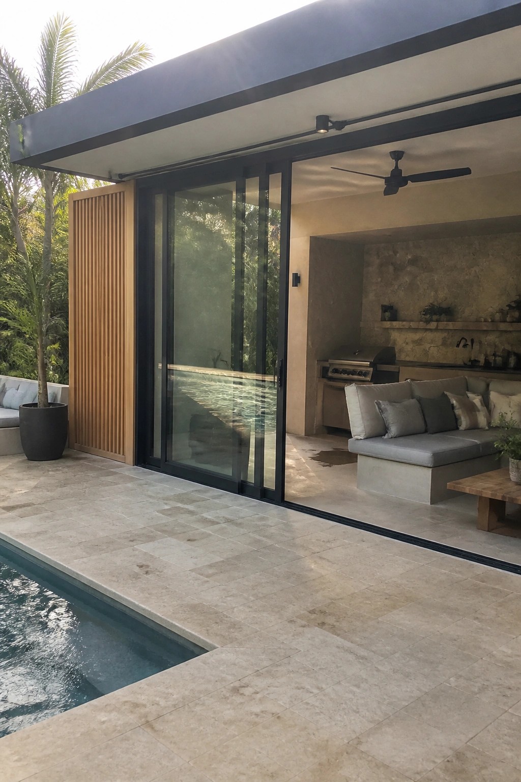 Large black-framed sliding glass doors with wood paneling on the left open from a tiled patio to an outdoor seating area with a pool visible in the foreground.