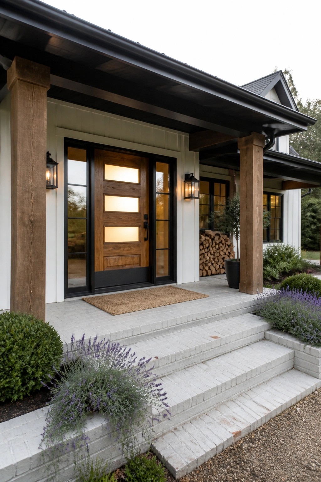 A wooden front door with three horizontal glass panels set in a black metal frame, flanked by glass sidelights and supported by thick wooden porch posts on a house with white siding.