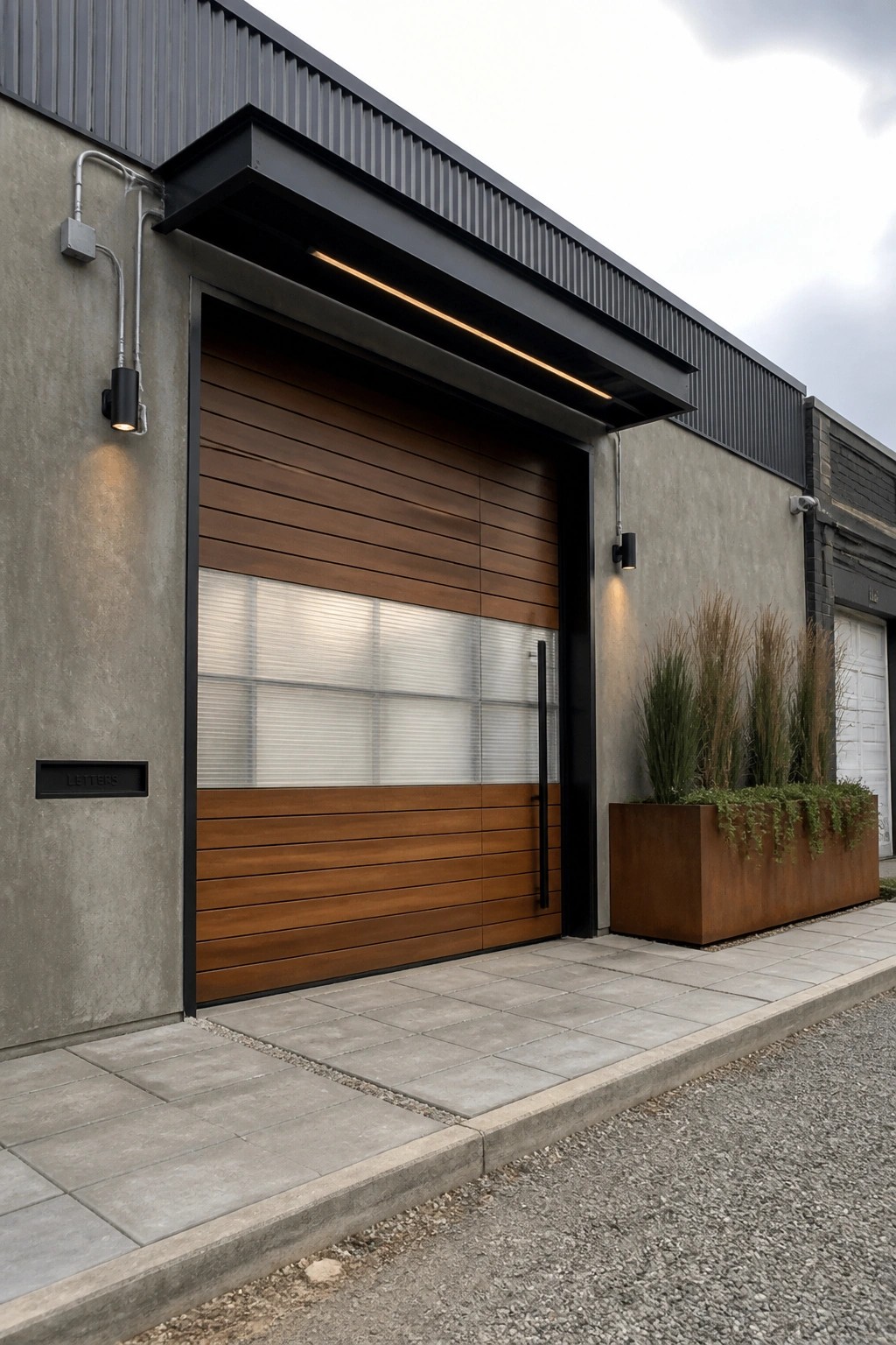 Modern wooden garage door with glass panels on concrete industrial building facade