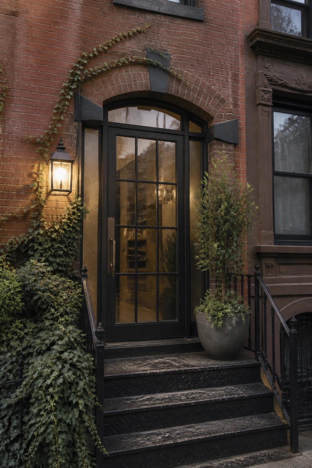 A black metal and glass door centered in a red brick archway with stone steps leading up and potted plants on the right.