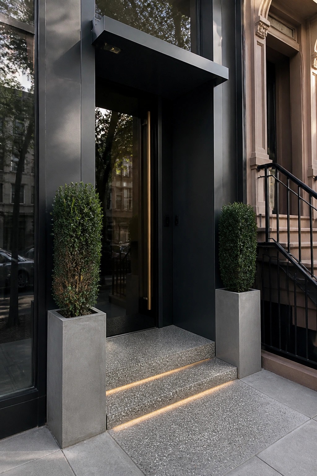 A modern black metal and glass door with a vertical gold handle, framed by two concrete planters with shrubs and terrazzo steps with underlighting.