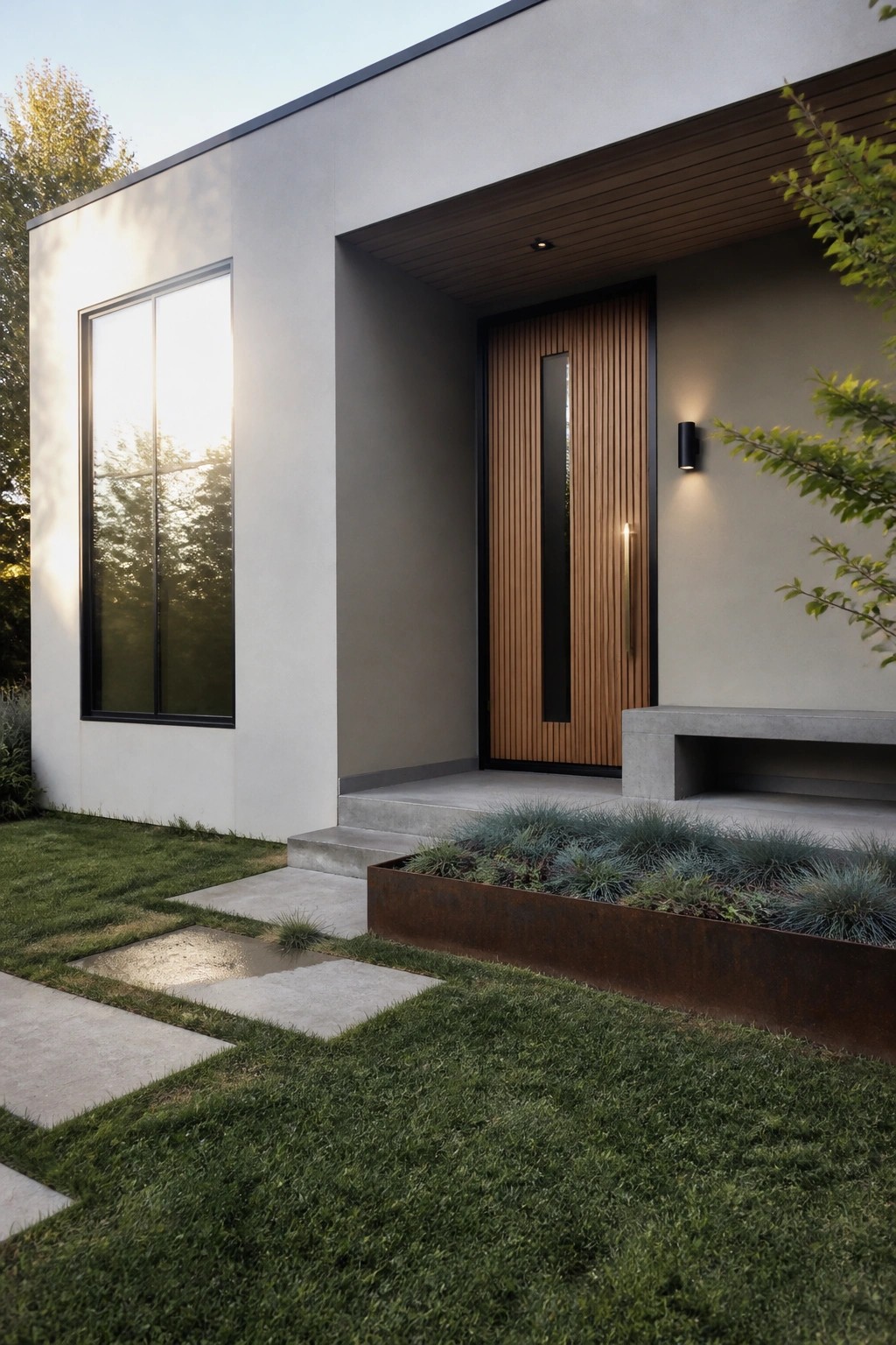 Modern minimalist home entrance with vertical wood door, large window, concrete steps, and rusted planter.