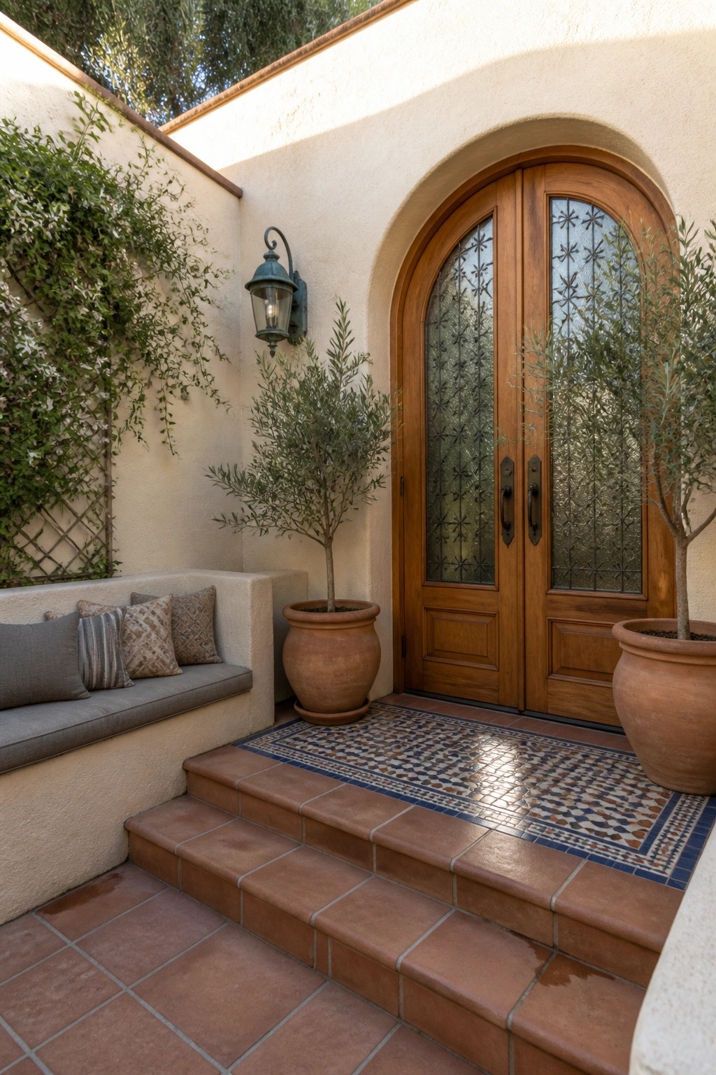 Arched wooden double doors at stucco entryway with potted plants and mosaic tiles