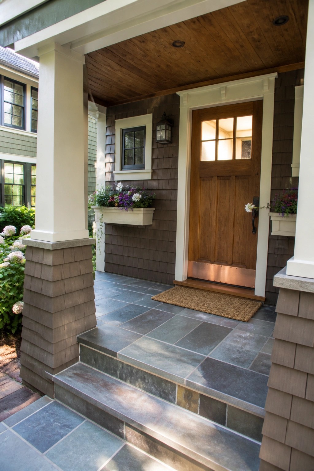 A wooden front door with divided glass panels and a copper kickplate set in a white frame on a shingled house with stone steps.