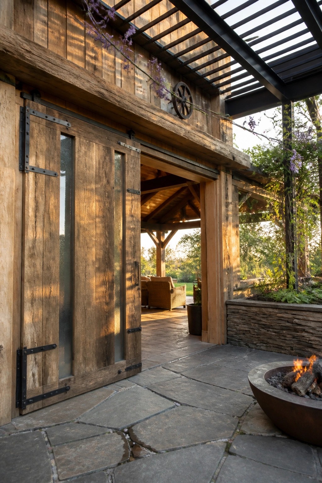 Large wooden sliding barn doors with metal hardware and glass panels open from a rustic building onto a stone patio with a fire pit nearby.