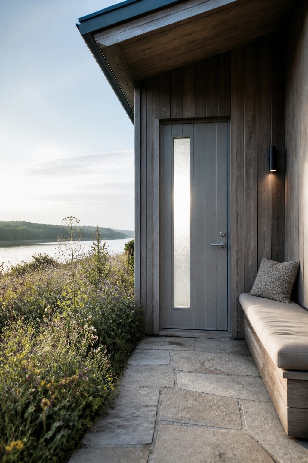 A gray door with a tall vertical frosted glass panel installed in dark wood exterior siding beside a cushioned bench on a stone path.
