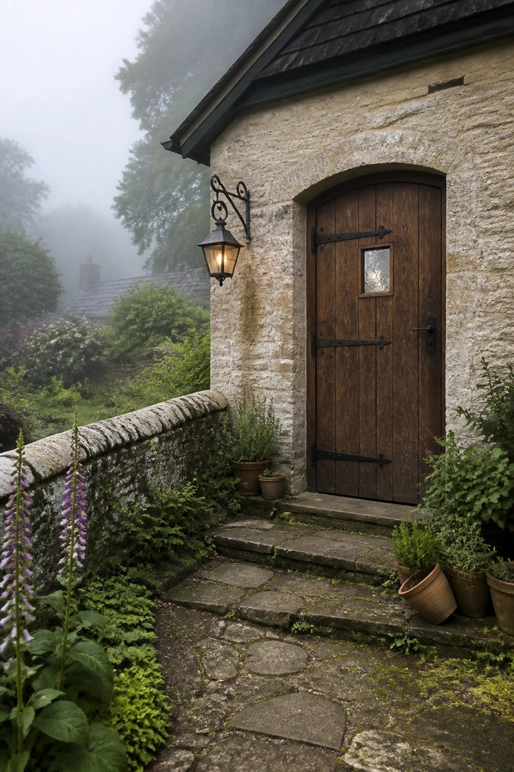 A wooden door with black metal hinges and a small glass pane set into a stone exterior wall, with stone steps and potted plants at the entrance.