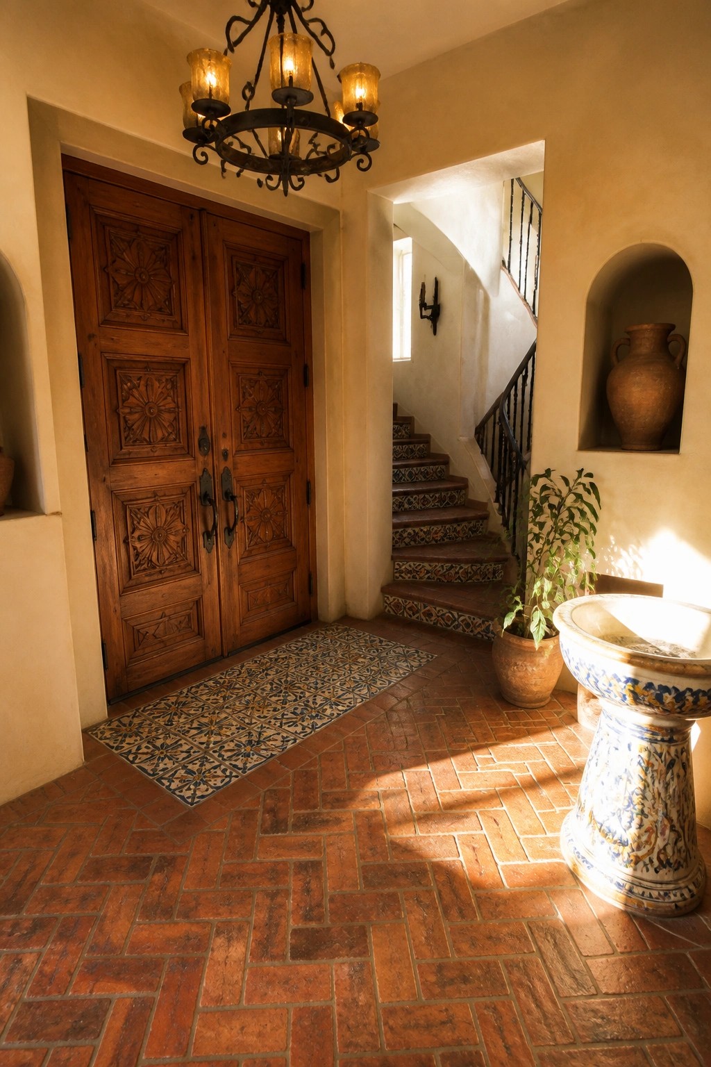 A foyer interior featuring carved wooden double doors, a patterned runner on brick flooring, a tiled staircase, and a decorative ceramic basin.