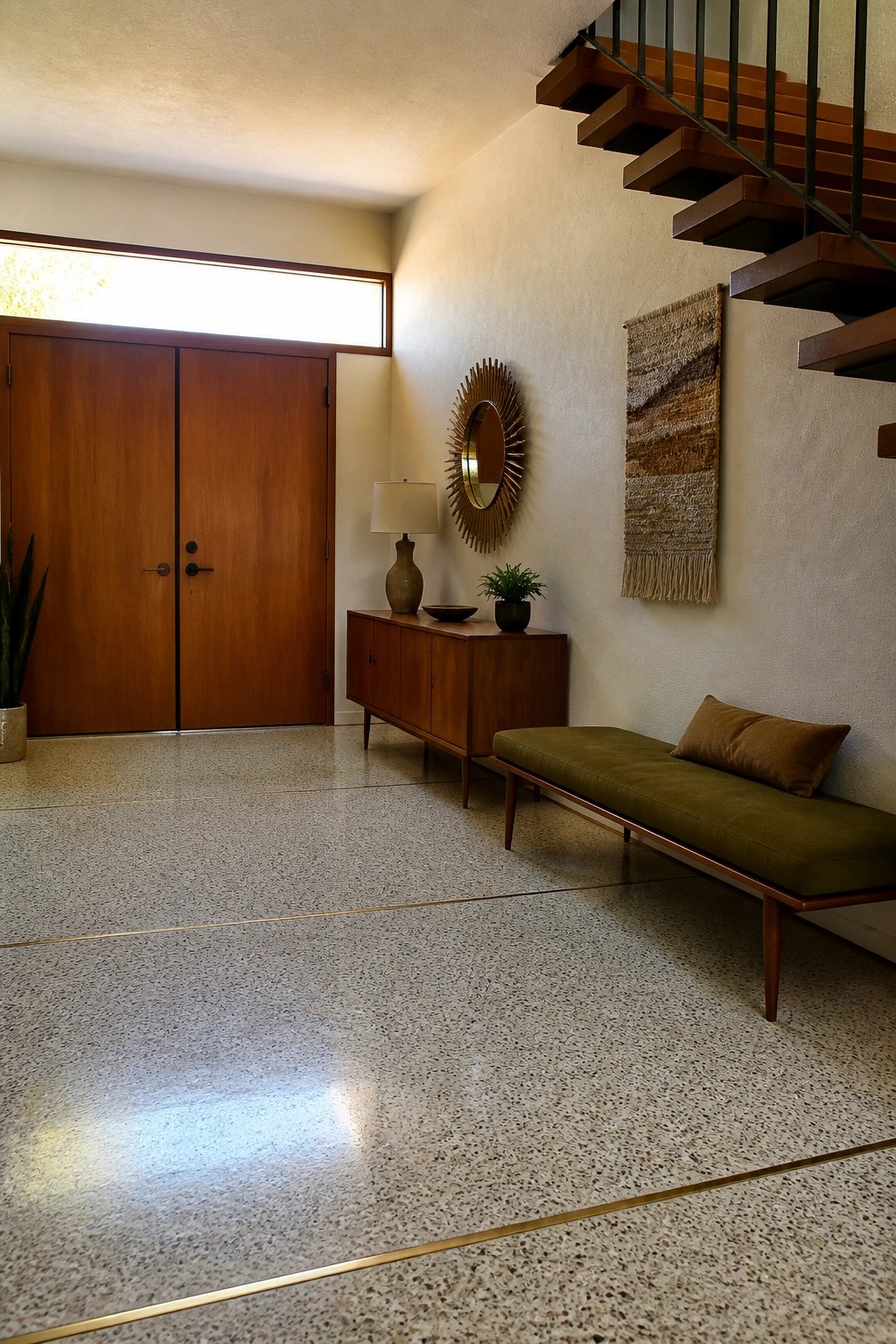 Interior foyer with double wooden entry doors under a long horizontal transom window, terrazzo floor, wooden staircase on the right, and mid-century console and bench along the wall.