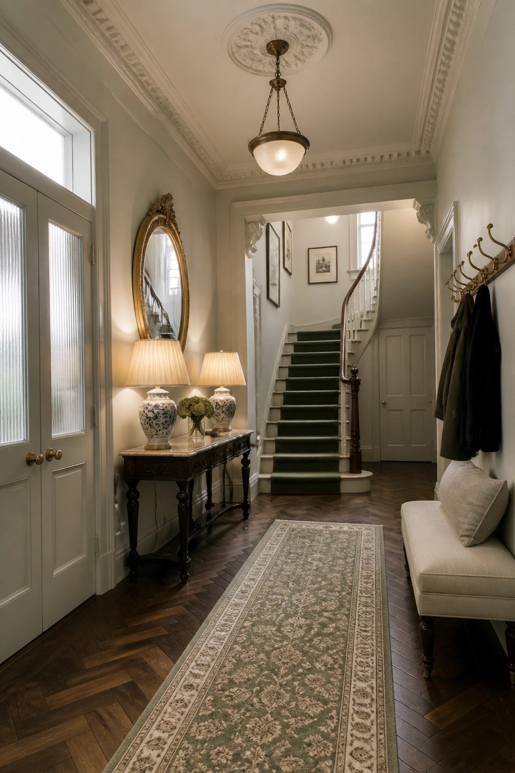 A foyer interior showing white double entry doors with reeded glass panels on the left, a long green patterned runner on herringbone wood floors, a dark wood console table with two lamps, and a staircase visible in the background.